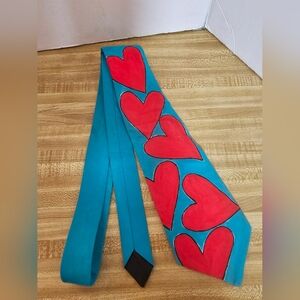 Ted Baker London Vintage Hand Painted 100% Silk Tie Turquoise Red Hearts Art EuC